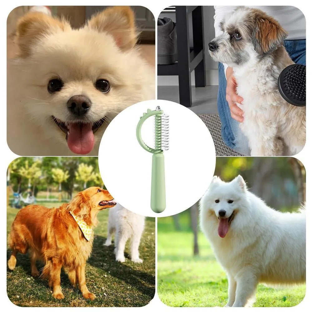 Dinosaur-shaped cat brush with stainless steel pins for self-cleaning pet grooming