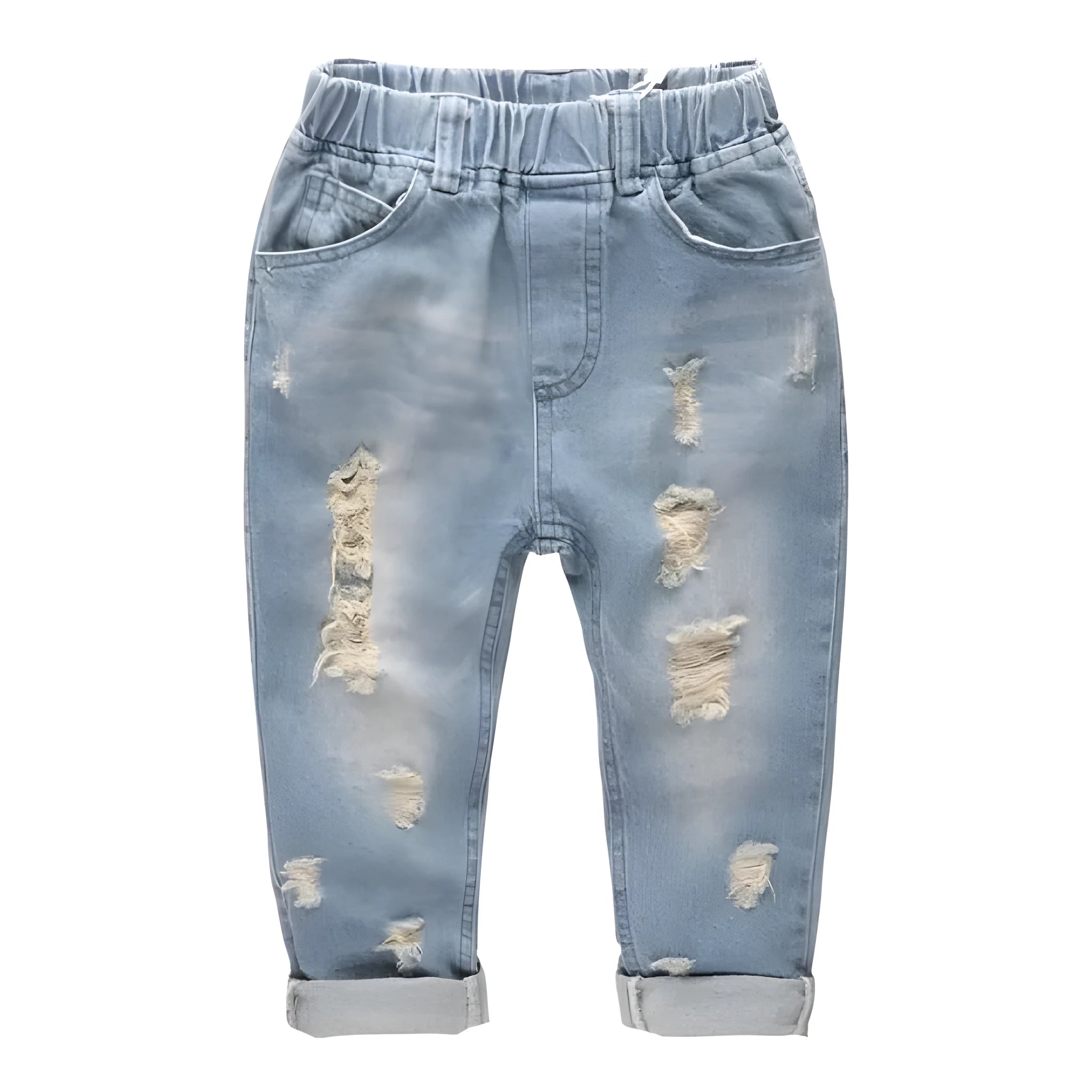 Light blue children's cotton skinny slim jeans laid flat showing slim leg and regular waist