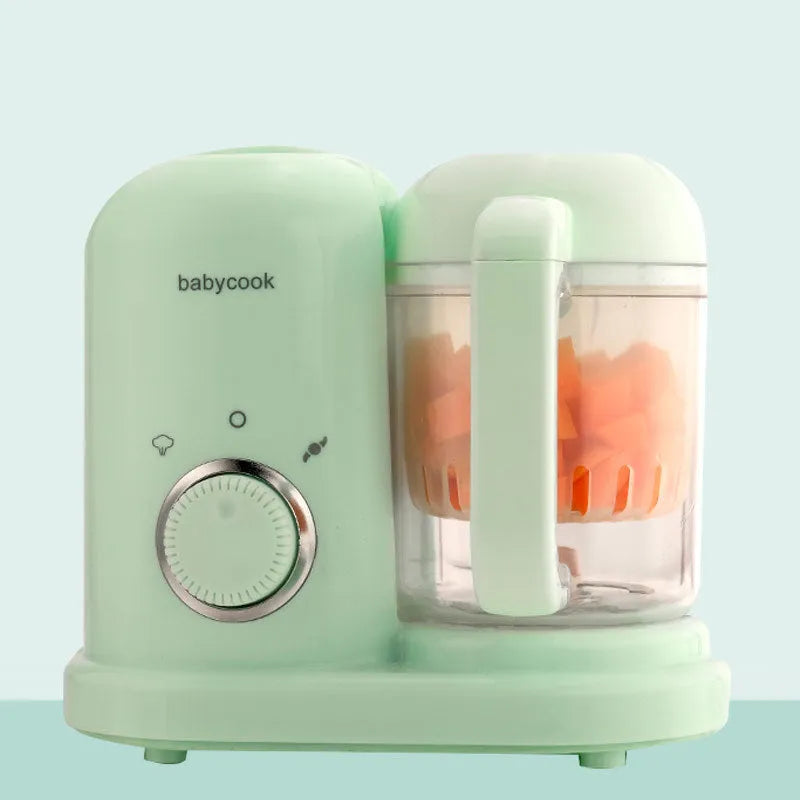 Baby food steamer and blender processor with double mixing blades in green colour