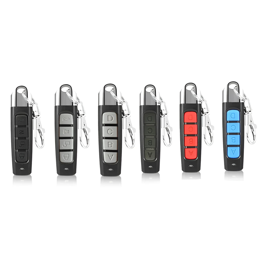 433MHz rolling door remote control with compact 6.7cm design in black, blue, grey or red colours