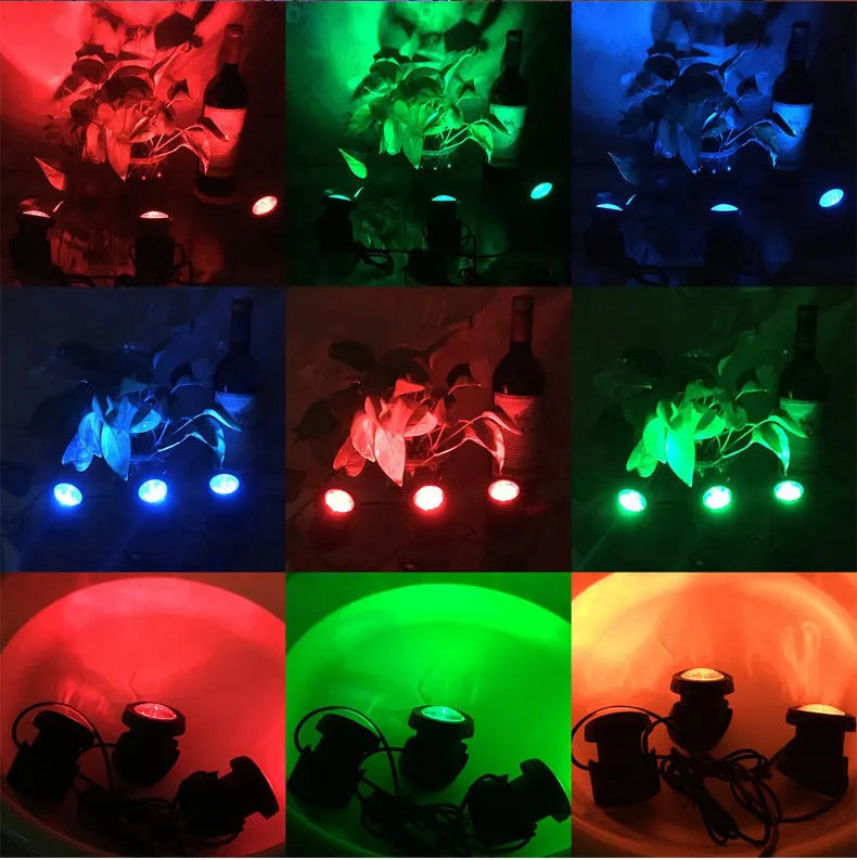 Solar underwater light set with three RGB LED lamps, black ABS housing, and polysilicon panel for garden ponds