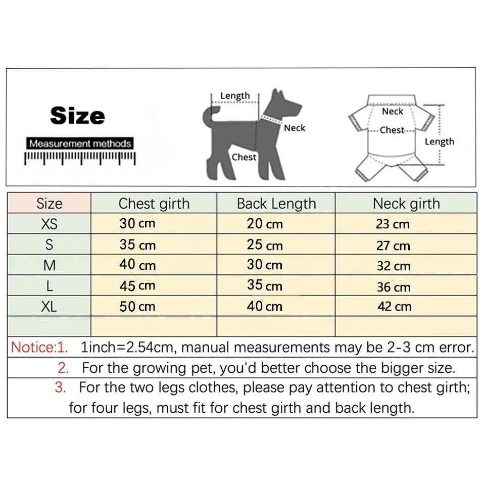 Fleece pet coat with hoodie for cat or dog in cartoon design, shown in size range XS to XXL.