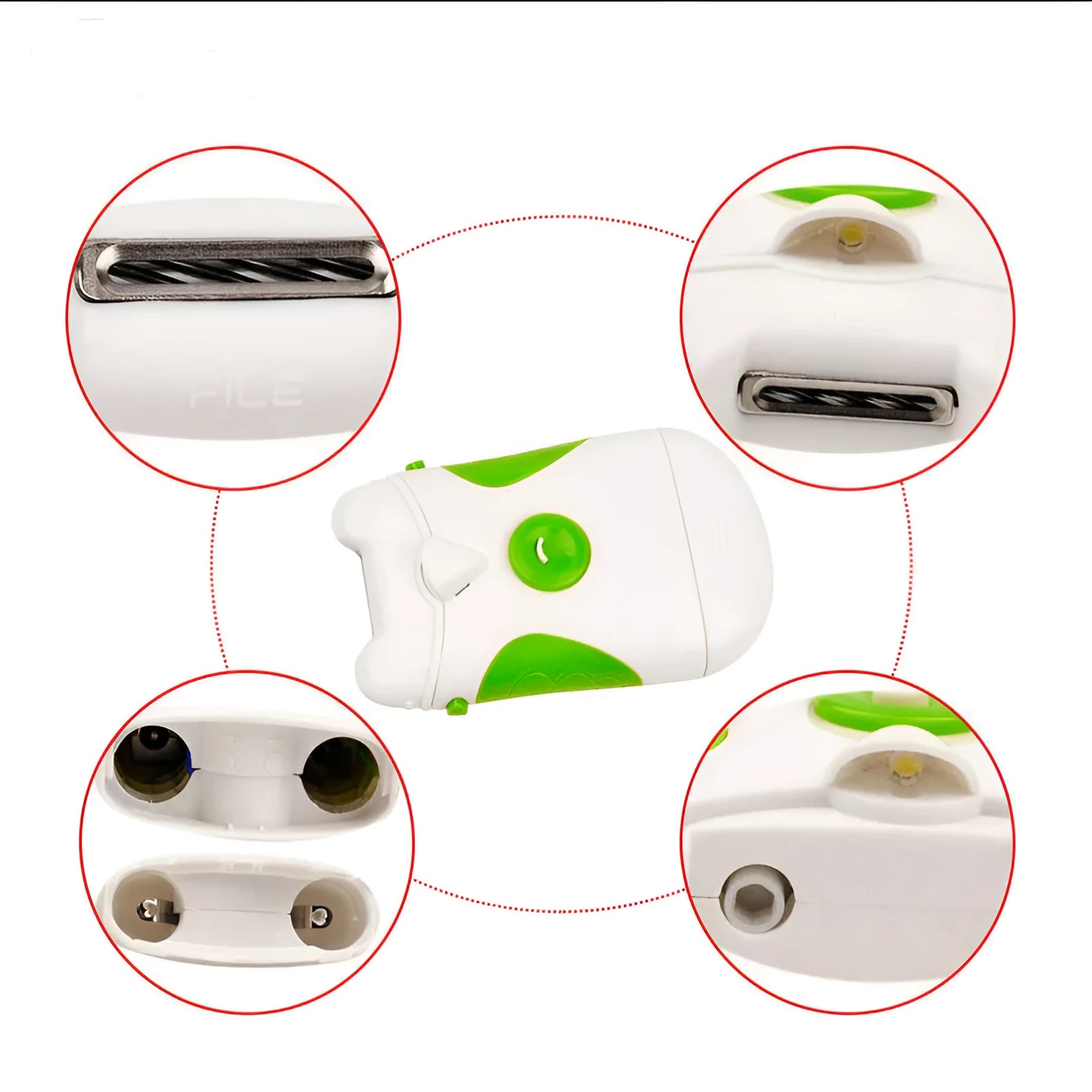 Green electric nail trimmer and file, ABS body, 17x21.5x6.5cm, for hand and toe nail grooming