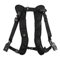 Black professional dual camera strap for SLR cameras shown ergonomically worn across the chest.