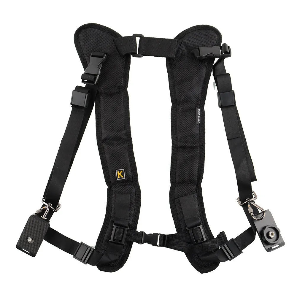 Black professional dual camera strap for SLR cameras shown ergonomically worn across the chest.