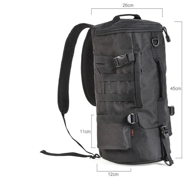 Black cylinder fishing tackle backpack 23L polyester with dual shoulder straps