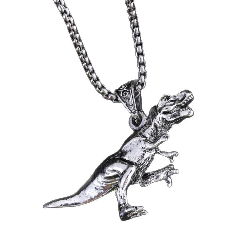 New hip hop style versatile titanium dinosaur pendant in silver tone on a neutral background
