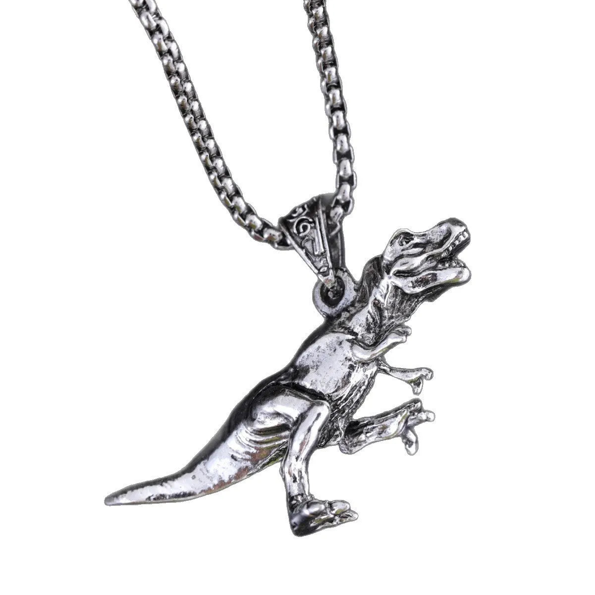 New hip hop style versatile titanium dinosaur pendant in silver tone on a neutral background