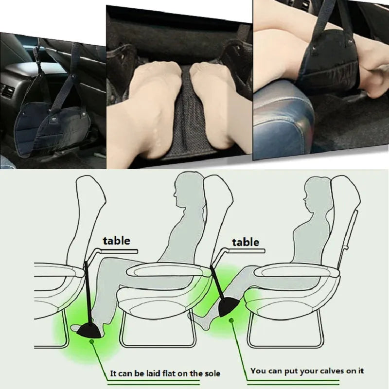 Black Oxford cloth portable foot hammock with adjustable straps for travel airplane use