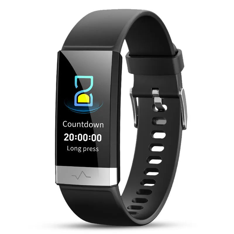 V19 smart health bracelet with colour screen and black TPU strap, showing ECG monitoring interface.