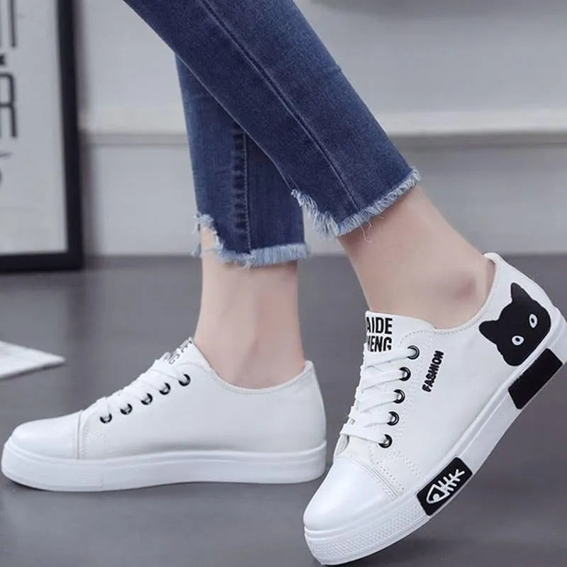 Cat fish print canvas shoes ladies slip-on casual sneakers pink black white sizes 35 to 40