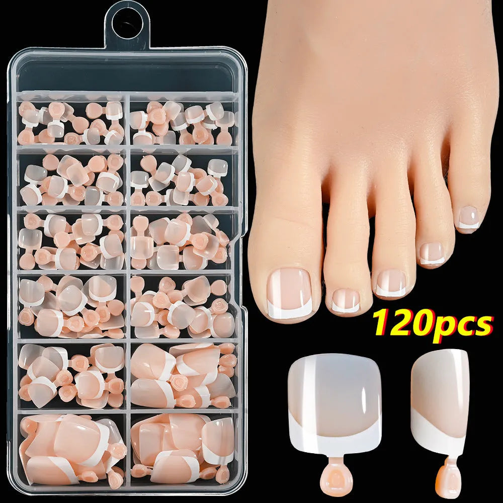 120-piece box of French white edge nude full square short artificial toenails in nine shades