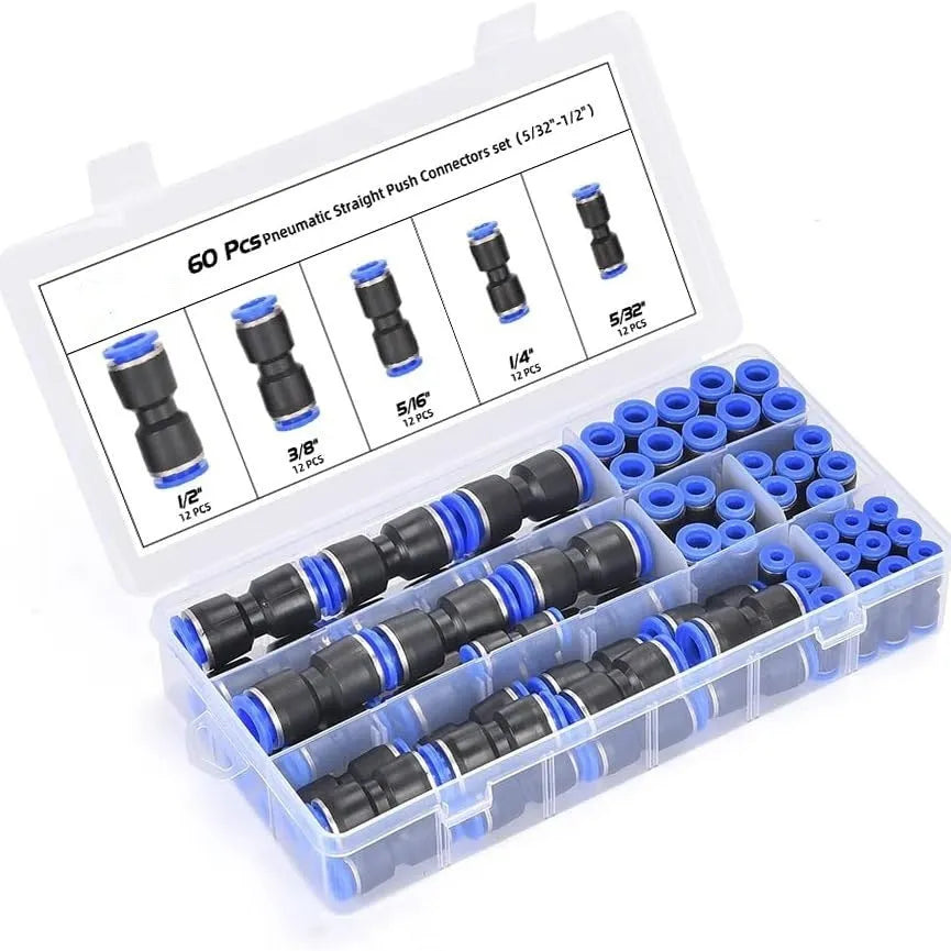 60-piece pneumatic push-in connector assortment with R1/4 and R1/2 inch sizes