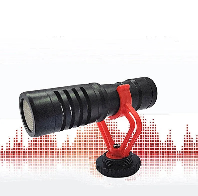 Black gun-type condenser microphone with metal housing and windproof wool cover, for mobile phone and SLR camera live streaming