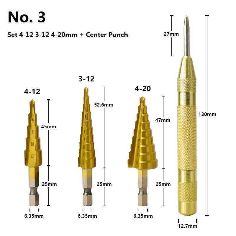 Step drill bit and centre punch set in high speed steel with colour-coded options for metalworking