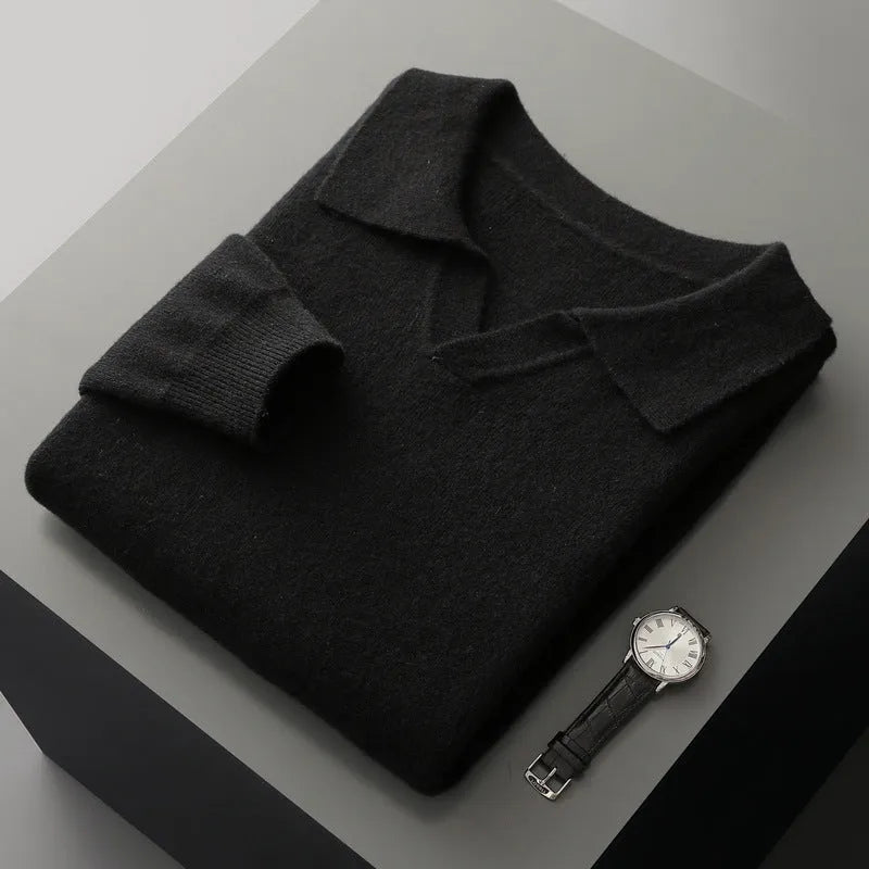 Men's dark gray wool polo collar knitted long sleeve sweater loose fit pullover