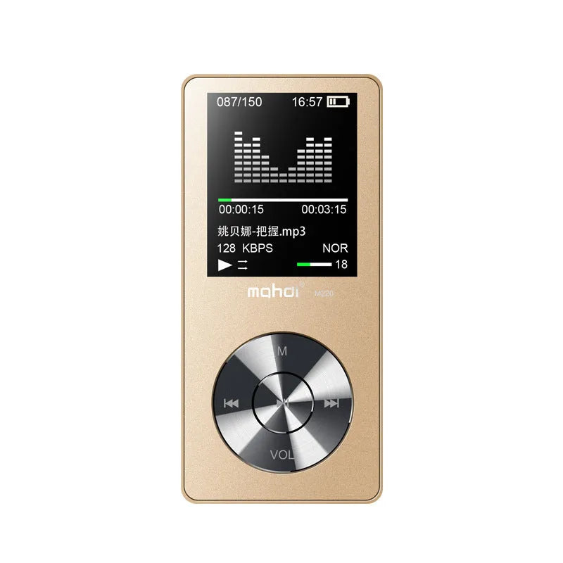 Gold, silver, and black all-metal portable MP3 player with a 1.8-inch screen.