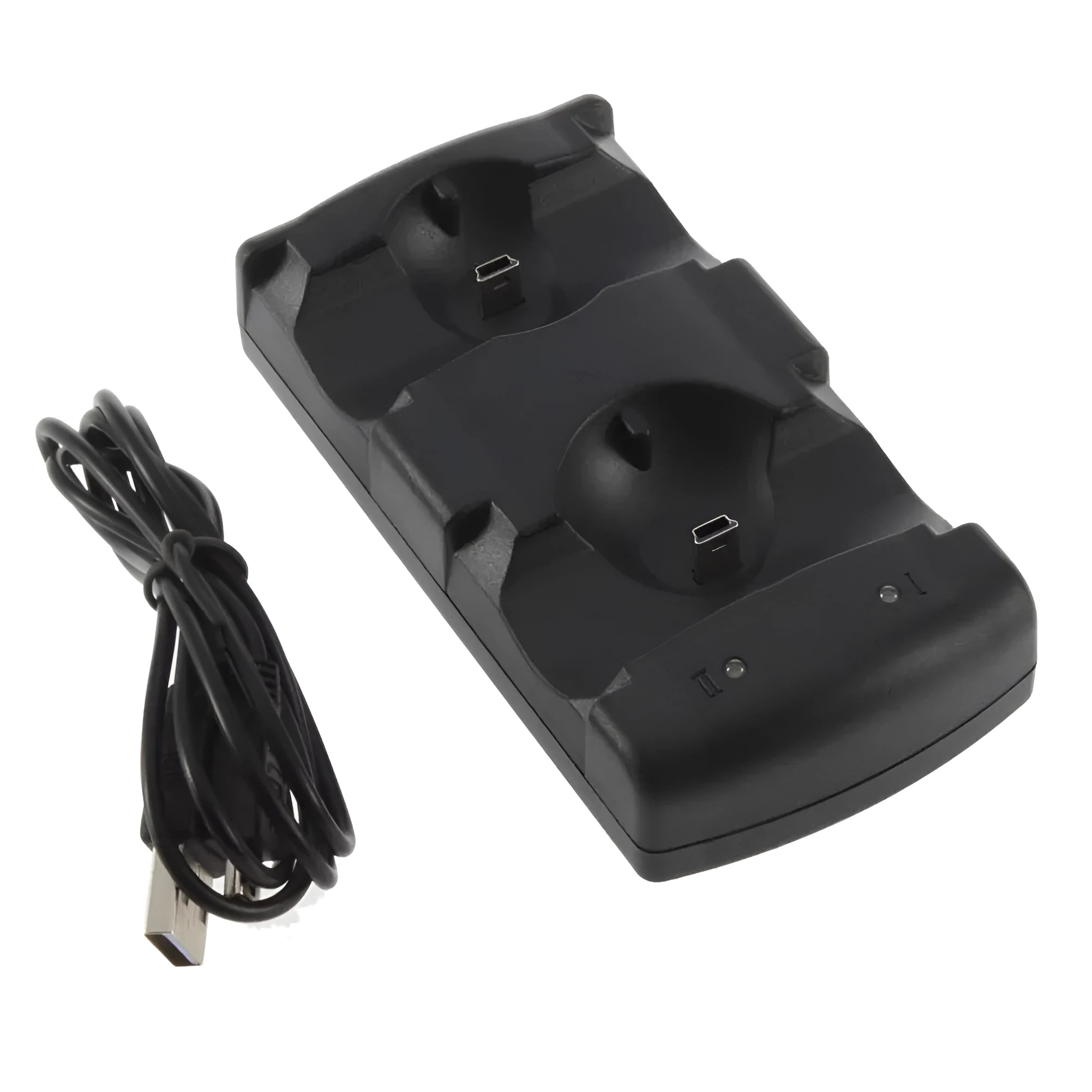 Black PS3 dual controller charging dock with two charging slots and USB cable