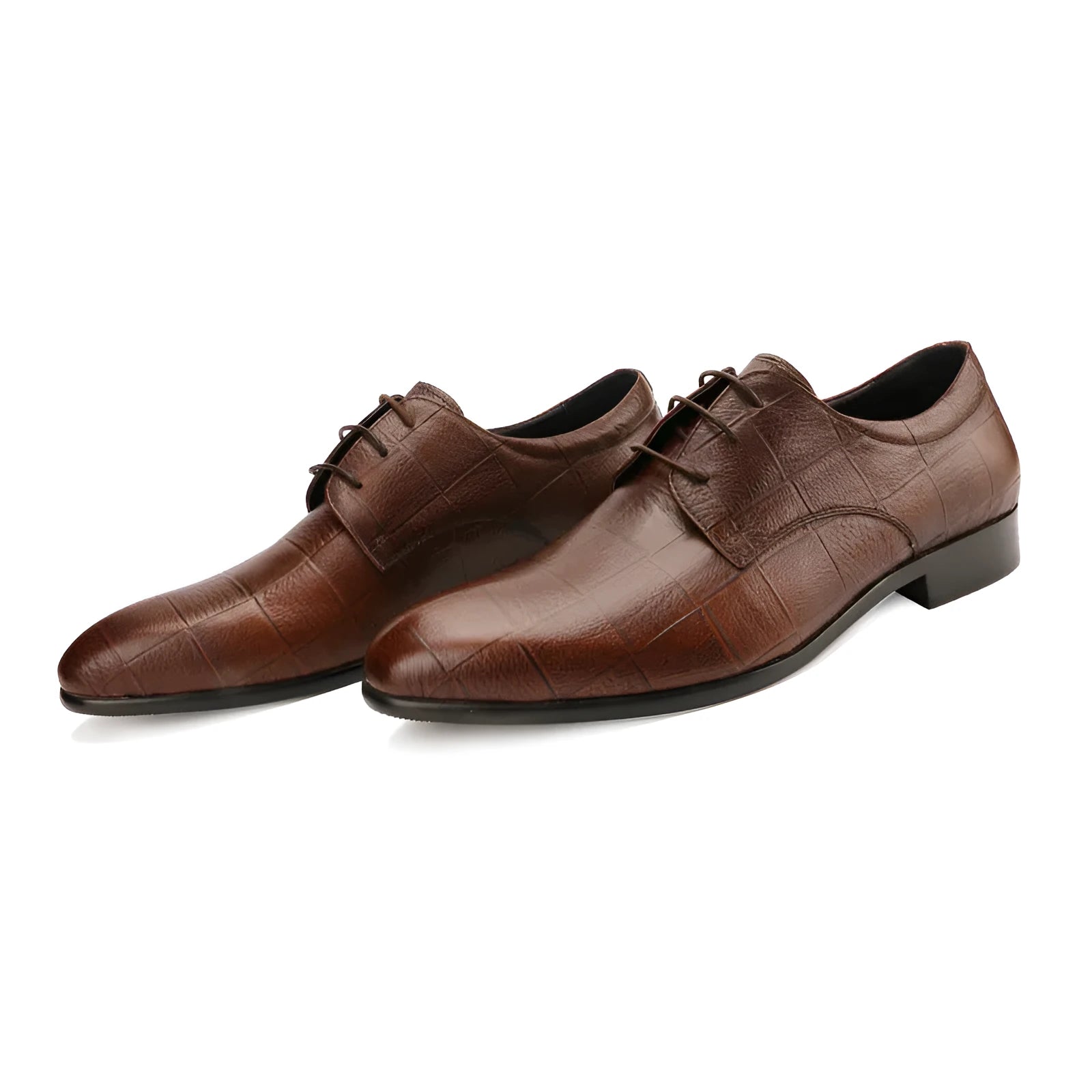 Men's black checkered leather derby shoes with pointed toe and rubber sole