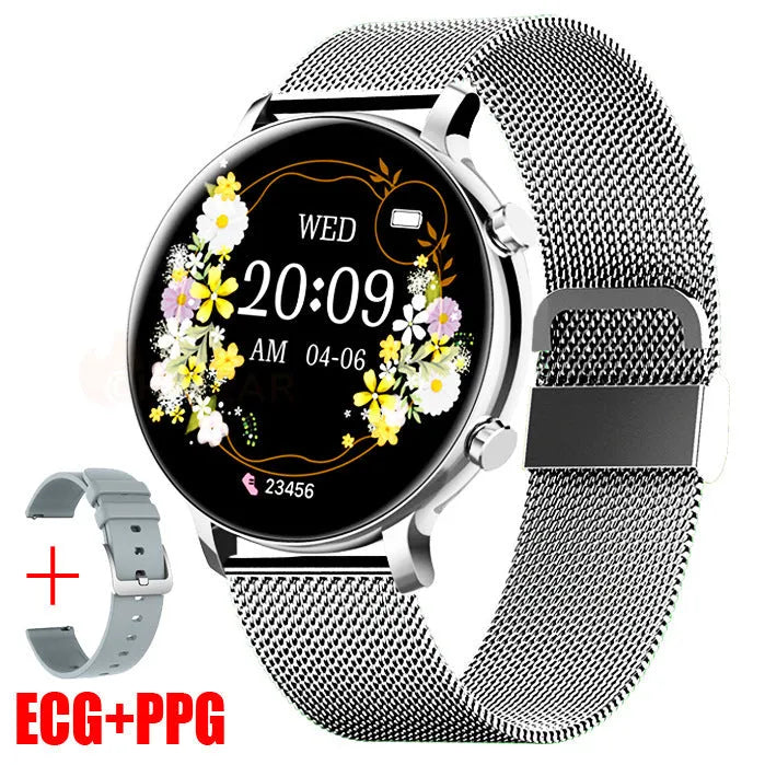 Silver stainless steel smartwatch with black screen showing heart rate data on a genuine leather strap.