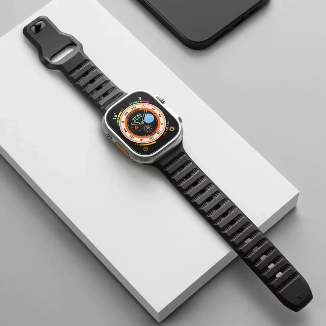 Fluoro rubber watch strap for Apple Watch Ultra and Series 8 to 1 in various colours with T-buckle.