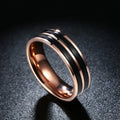 Titanium steel electroplated men's wedding band ring, silver grey finish, available in sizes 7 to 11, on white background.