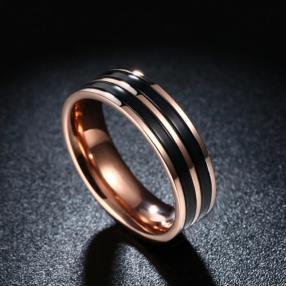 Titanium steel electroplated men's wedding band ring, silver grey finish, available in sizes 7 to 11, on white background.