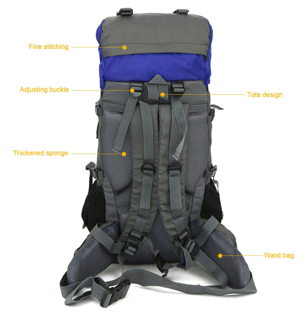 Extra large 60L nylon water resistant outdoor travel backpack with external stores system and adjustable shoulder strap