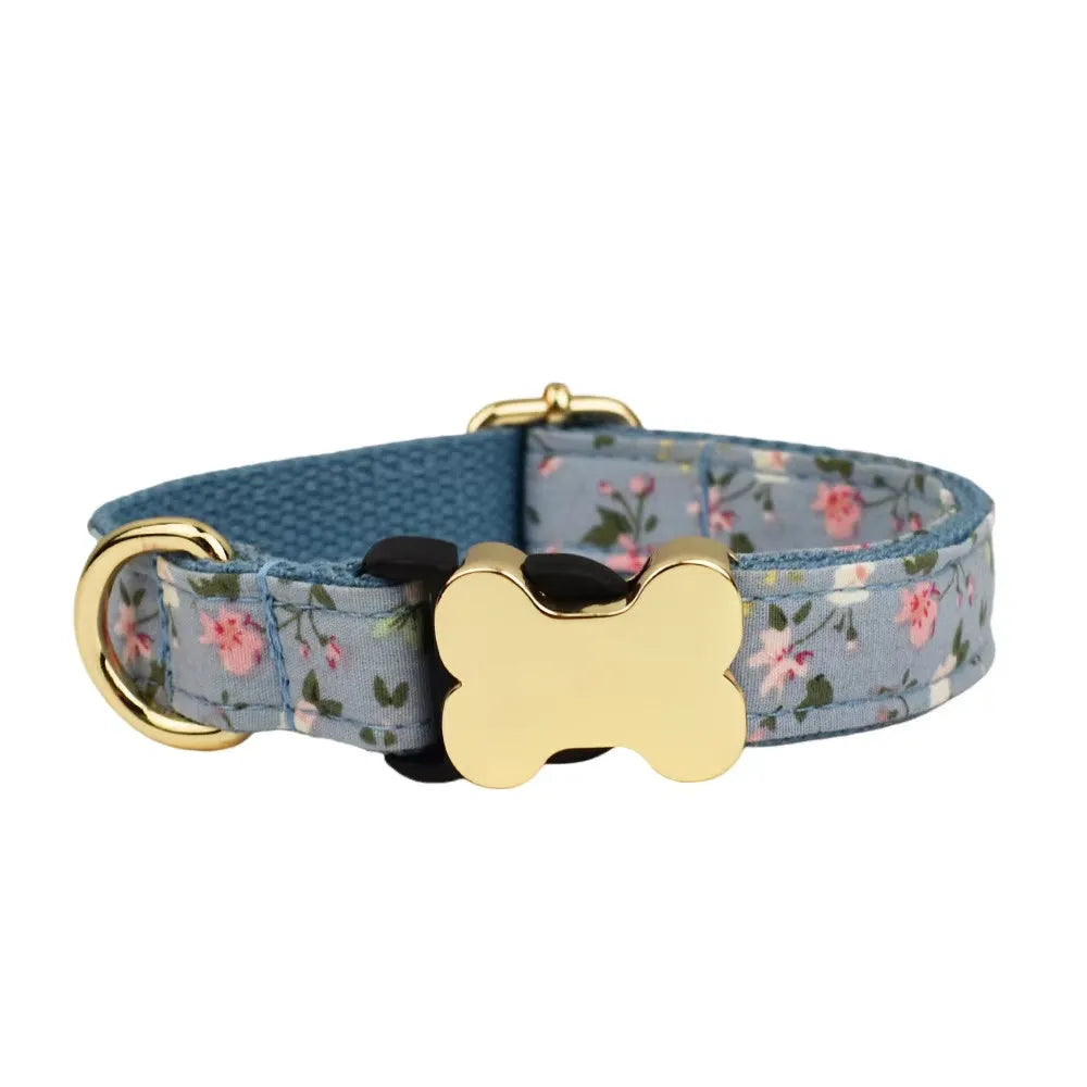Flat fabric printed grid dog collar with bone buckle in multiple colour options