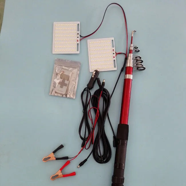 LED fishing rod light with telescopic pole extended, showing remote control and 12V power connection