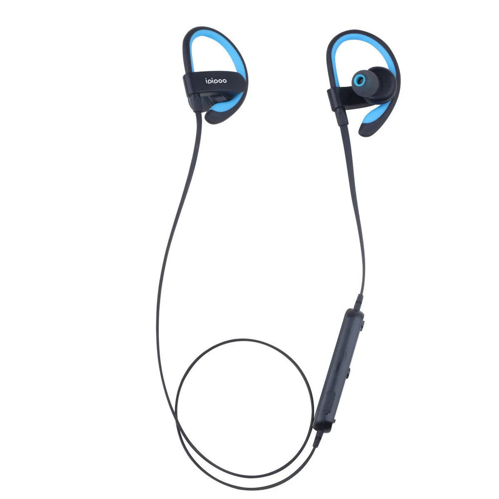 Wireless sports running headphones with Bluetooth 4.0 and battery display in blue colour, earplug style
