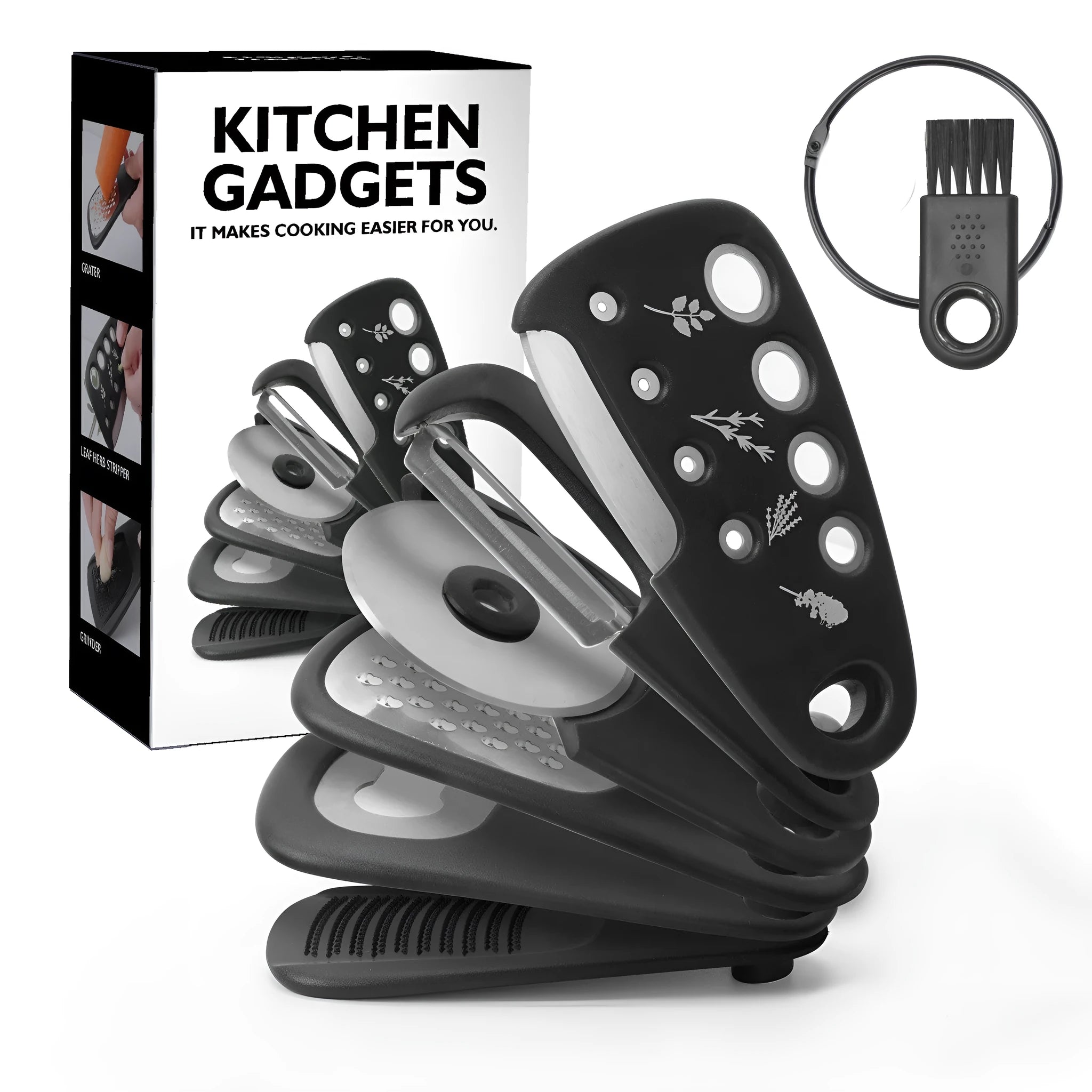 Six kitchen widgets and cleaning brush in modern colour box, made from stainless steel and PP materials