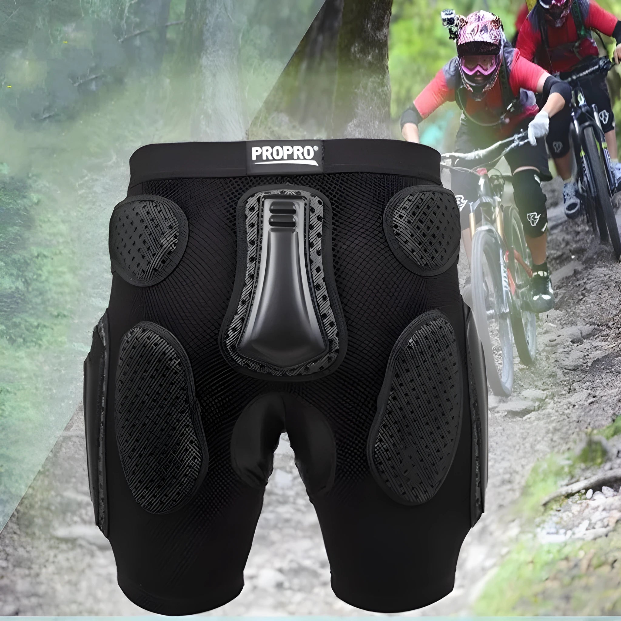 Black cycling protective pants with a removable hip pad for sports safety.