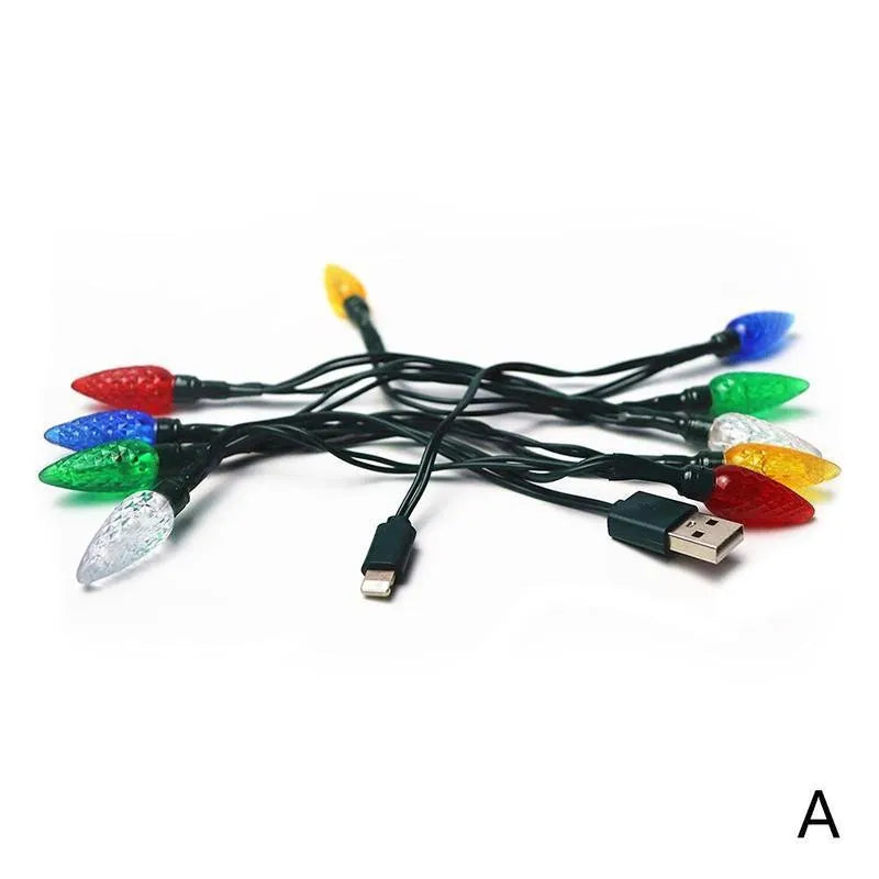 USB charging cable with 10 multi-colour LED lights flashing along its length during device charging