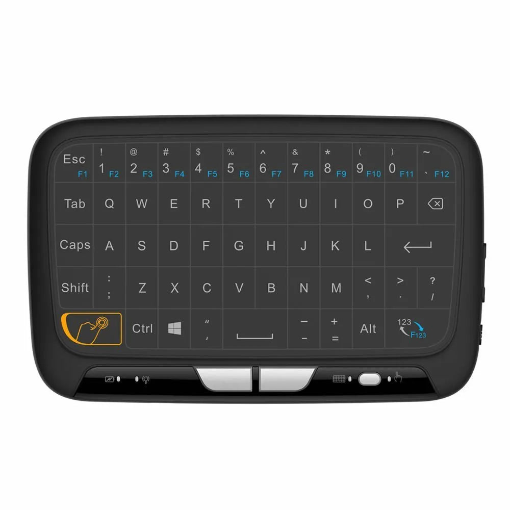 Mini H18 black wireless keyboard with 5.3 inch touchpad and QWERTY layout