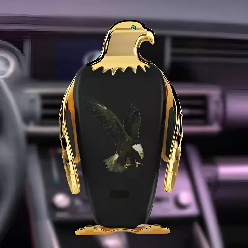 Wireless charging car phone holder with suction cup mount in black and gold colours