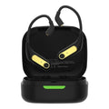 Black wireless Bluetooth headphones with Qualcomm 5.2 chip, ear-mounted design, and charging box on display