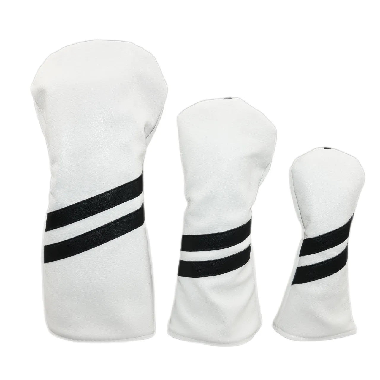 Blue golf club head cover with two white diagonal stripes, shown alongside red and black versions.