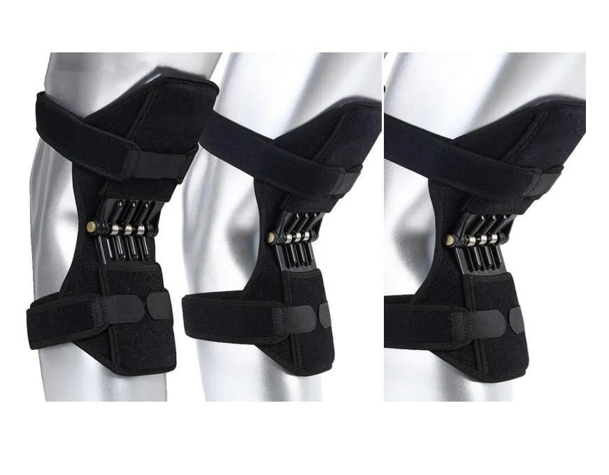 Adjustable spring knee brace patella booster in black colour with breathable fabric and venting holes