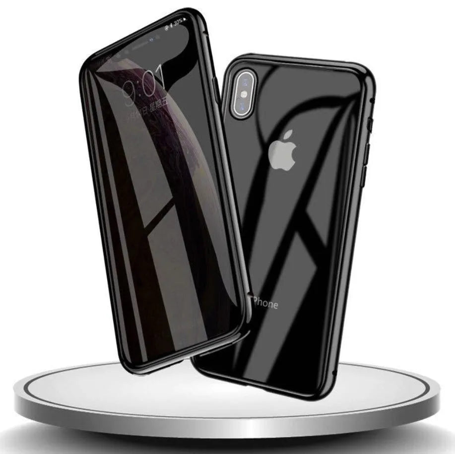 Glass clamshell anti-spy phone case in black, silver, red, gold, green, or blue for iPhone models.