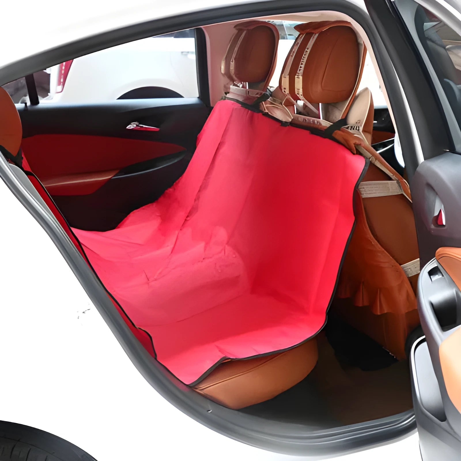 Square red waterproof car pet seat cushion for dogs and cats on a car seat.