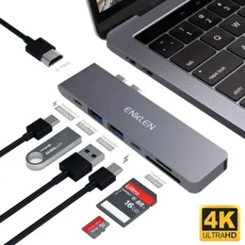 Aluminium USB-C multiport adapter with SD card reader showing seven connectivity ports