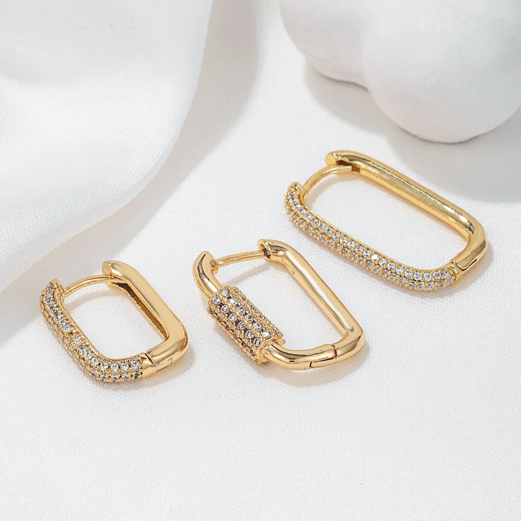 Geometric copper ear clip three-piece set with micro inlaid zircon details in gold or white k colours