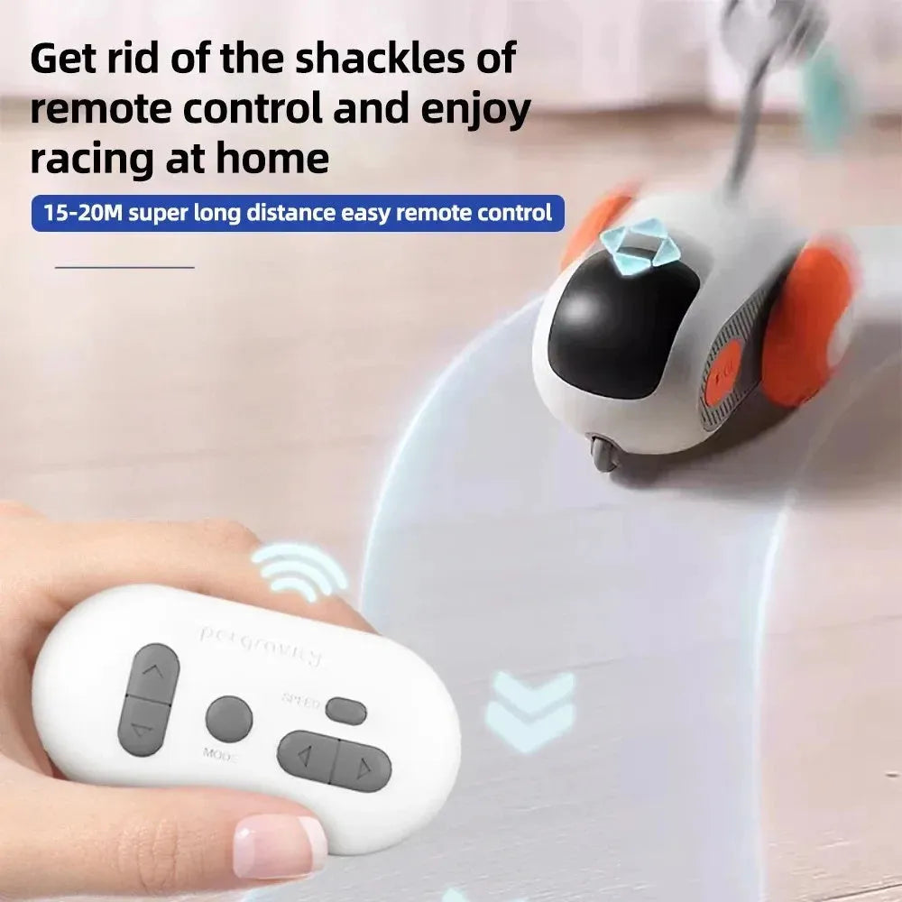 Blue and orange smart cat toy car with remote control featuring feather teaser attachment