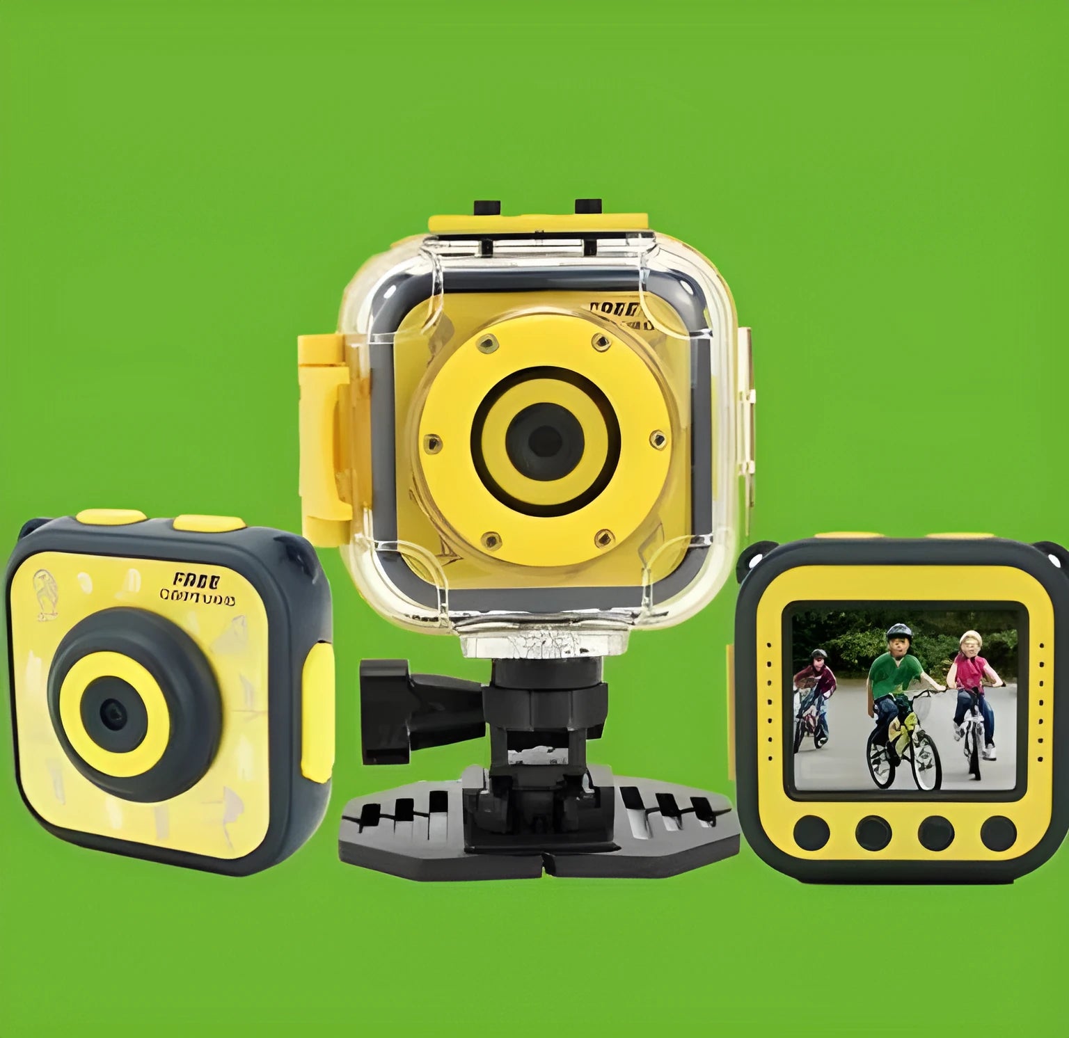Yellow children's waterproof sports action camera with a 1.77-inch screen.