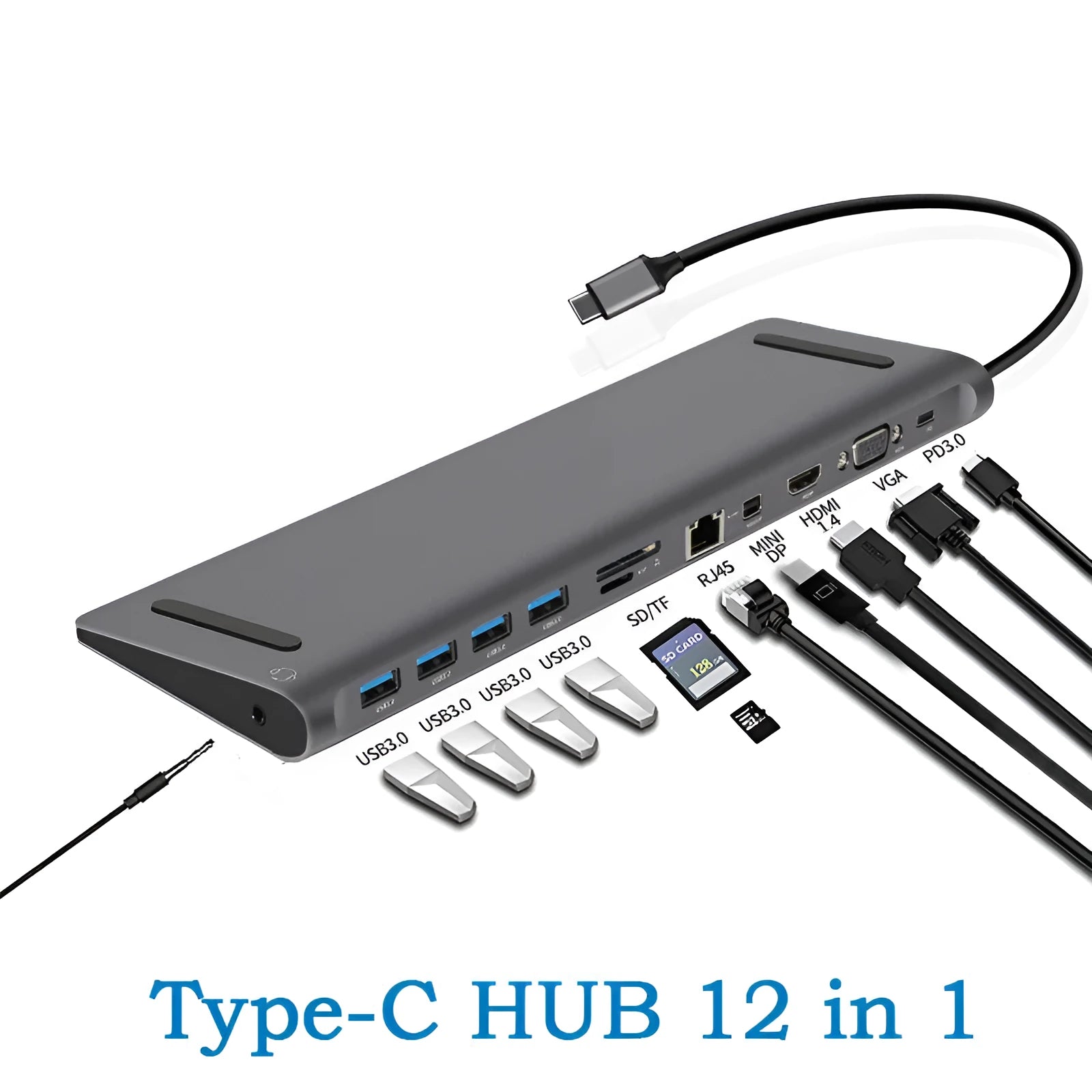 Grey aluminium alloy 12-in-1 Type-C hub with HDMI, VGA, USB 3.0, Ethernet, and PD ports on a desk