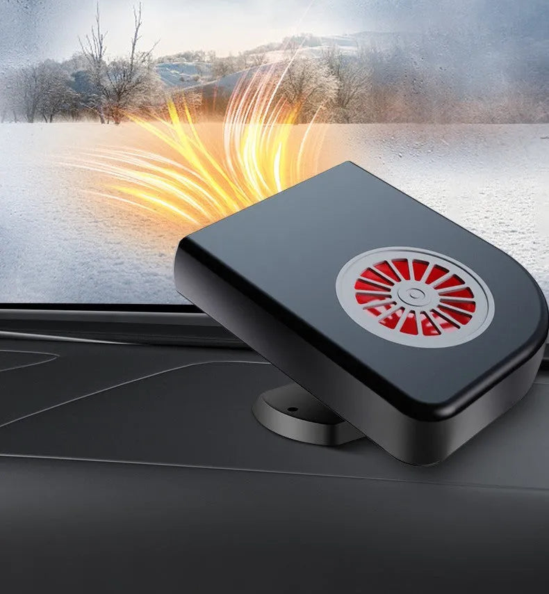 Black vehicle-mounted 12V car heater with adjustable vent on a car dashboard.
