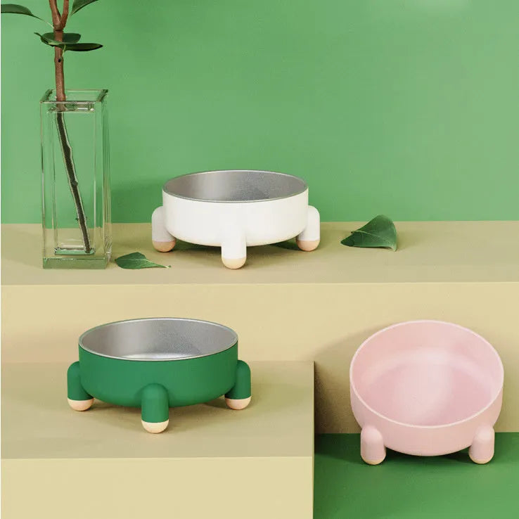 Non-slip stainless steel pet food bowl with high foot in green, pink, and white colour options