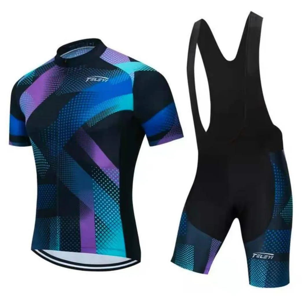 Men's and women's cycling jersey set with top and trousers for mountain and road biking in summer.