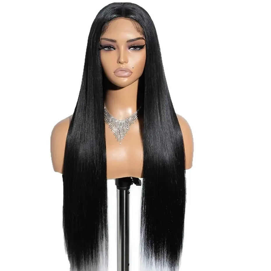 Glueless straight human hair wig with side bangs, shown in a long length.